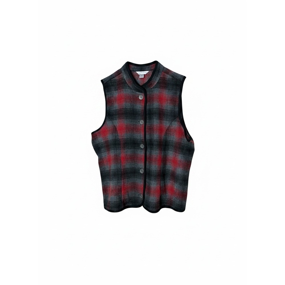 Christopher & Banks Womens Red Grey Plaid Button Front Wool Blend Vest XL